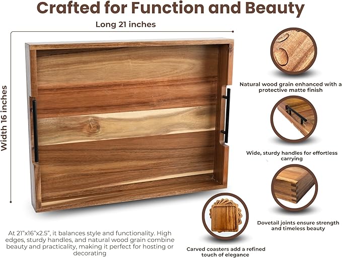 Acacia Wooden Ottoman Tray for Living Room & 6 Coasters Set – 21" Large Coffee Table Serving Tray with Handles, Perfect for Food, Drinks, Kitchen, and Home Decor
