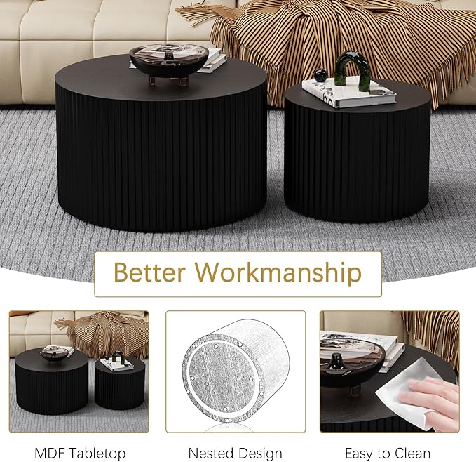 Round Coffee Table Set of 2 Modern Nesting Coffee Tables Wooden Drum Coffee Tables with Non-Slip Feet, Circle Nesting Tables End Table for Living Room Office, No Assembly (Black 27.56"+19.69")