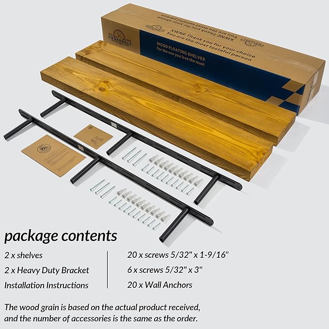 Rustic Floating Shelves 48 inch Long 8 inch deep Set of 2, Solid Wood Wall Shelves for Bedroom Living Room Kitchen,Book Shelf for Wall, Wall Mounted Shelves with Hidden Bracket- Gold Oak