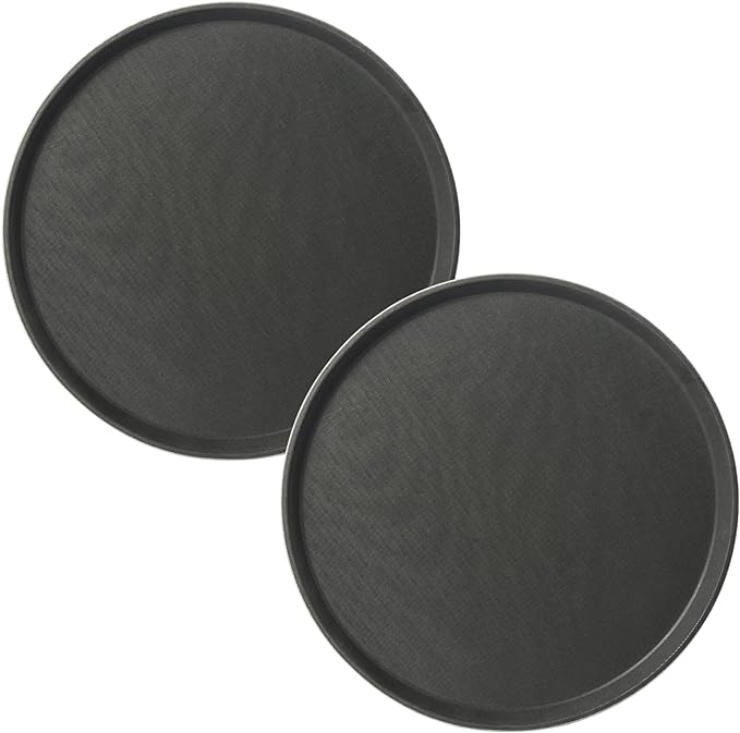CURTA 2-Pack Restaurant Grade Non-Slip Tray, NSF, 14 Inch, Plastic Rubber Lined Round Serving Tray, Black