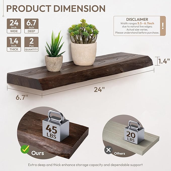 Marsmiles 24 inch Floating Shelves for Wall Elm Wood Live Edge Shelves|Rustic Wall Shelves with Invisible Heavy-Duty Bracket for Bathroom Living Room Kitchen|Walnut, 2 Pack