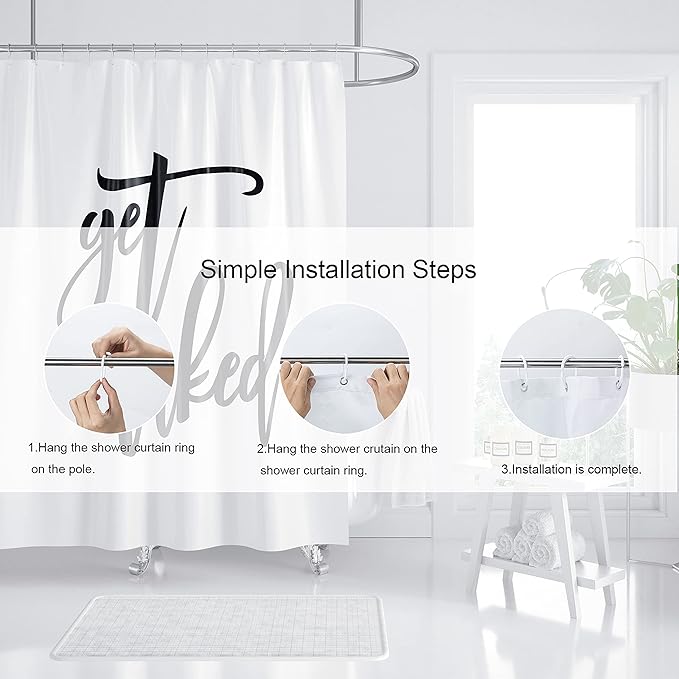 Domoku Get Naked Shower Curtain White Decor Black Words Shower Curtain Funny Bathroom Curtain Polyester Fabric Waterproof with 12Hooks,72x72 inch