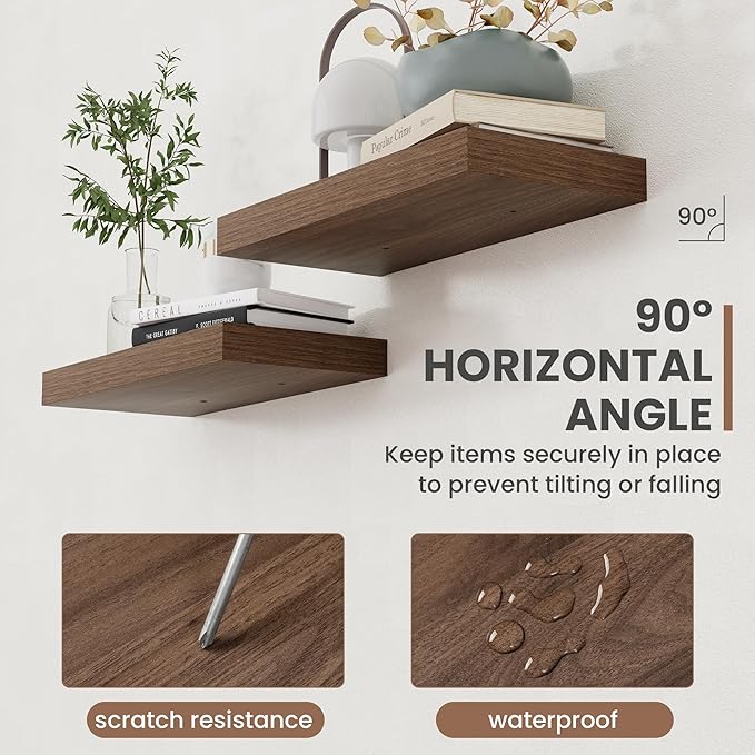 36 Inch Floating Shelves, 8 Inch Deep Floating Shelves for Wall, Hanging Shelf with Invisible Brackets, Deep Shelves for Bathroom, Bedroom, Living Room, Walnut, Set of 2