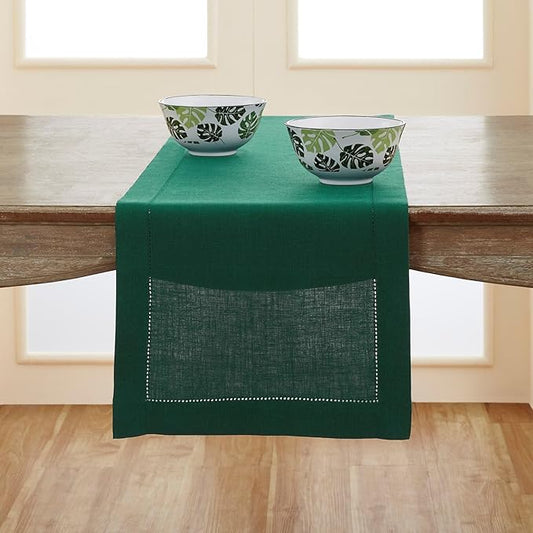 Solino Home Linen Table Runner 96 Inches Long - 100% Pure Linen Rainforest Green Table Runner 14 x 96 Inch for Fall, Autumn, Thanksgiving, Christmas - Classic Hemstitch