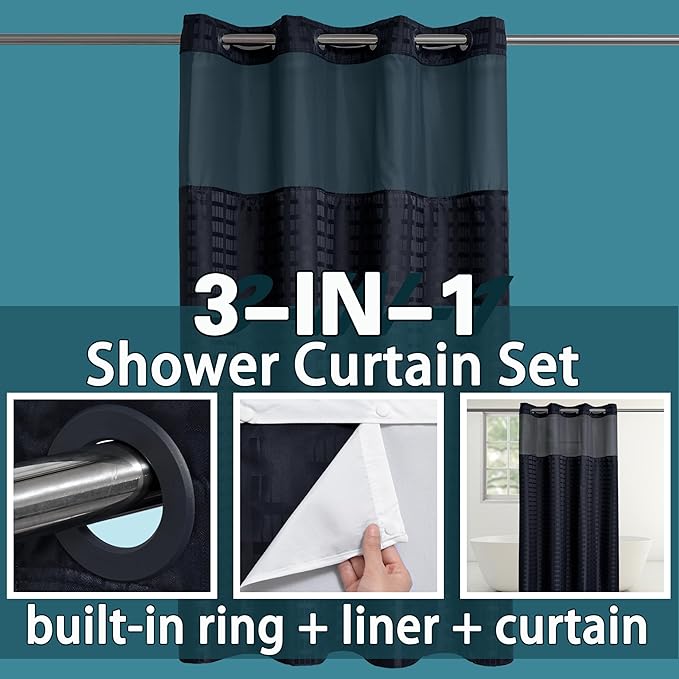 Conbo Mio Stall No Hook Shower Curtain with Snap in Liner Set, Hotel Luxury Black Shower Curtains for Bathroom with See Through Top Window, Waterproof, Washable 54W x 74H