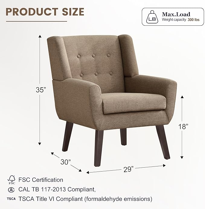 Accent Chairs for Living Room,Linen Button-Tufted Upholstered Armchair with Wooden Legs,Comfy Mid Century Modern Chair for Bedroom Apartment Waiting Room Brown
