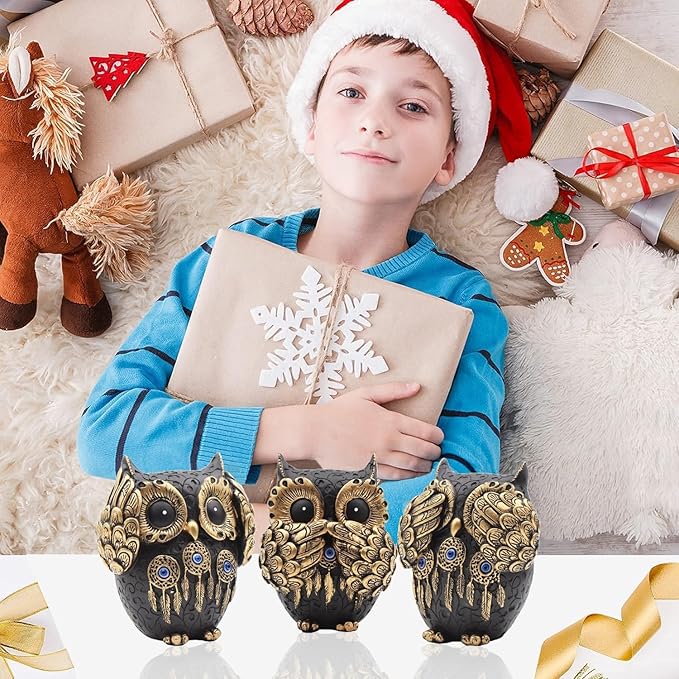 3 Owl Figurines Decor, Owl Statue Figurine, See No Hear No Speak No Evil Ornaments, Crafted Animal Sculpture, Cute Owls Decoration for Living Room, Office, Bookshelf, Bedroom - Black