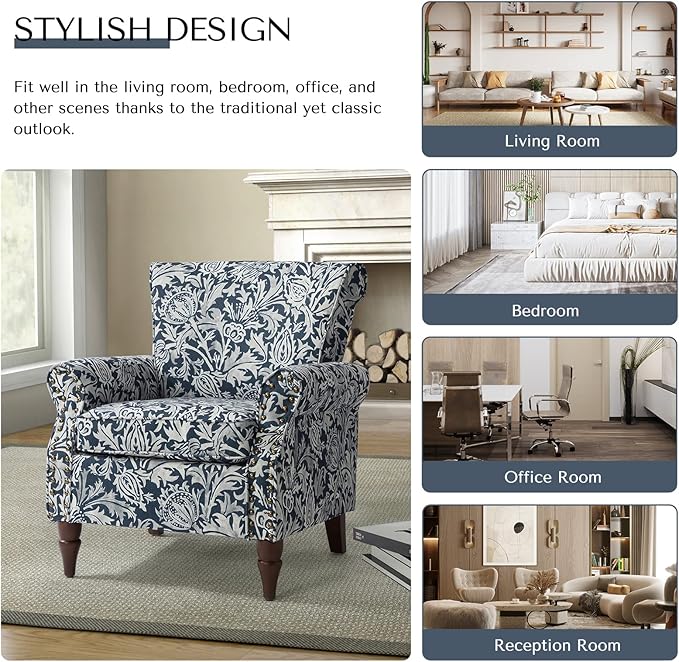 HULALA HOME Modern Wingback Accent Chair with Wood Legs & Removable Cushion, Comfy Upholstered Armchair with Nailhead Trim, Floral Pattern Single Sofa Chair for Living Room Bedroom, Navy