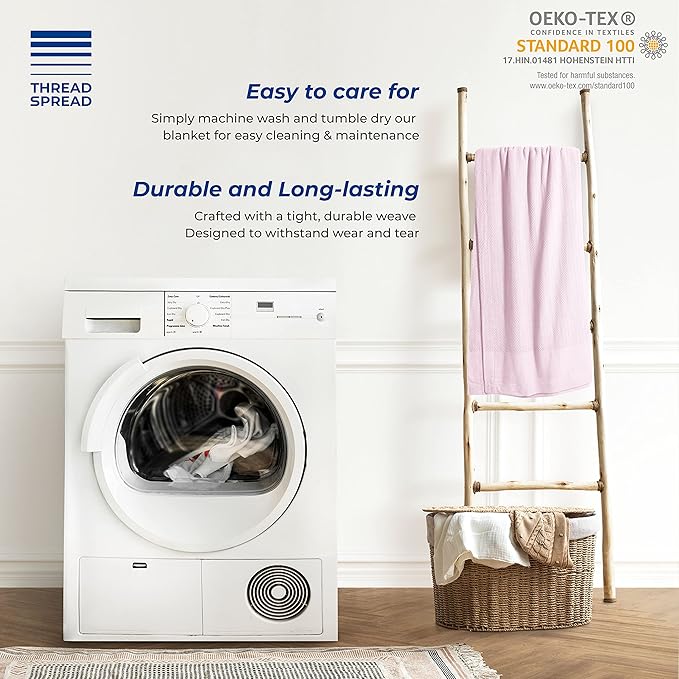 THREAD SPREAD Organic GOTS Cotton Blanket, Full/Queen - 350 GSM, Antistatic, Fuzzy Soft, Lightweight, Sofa, Camping & Travel, Perfect Herringbone All Seasons Throw, Blush + Stylish Bonus Tote Bag