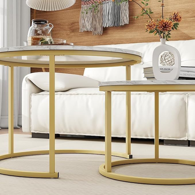 HOJINLINERO Round Coffee Table Set of 2 End Tables for Living Room,Circular and Marble Nesting Coffee Table Wooden Accent Furniture with Golden Metal Frame,Stacking Side Tables,White