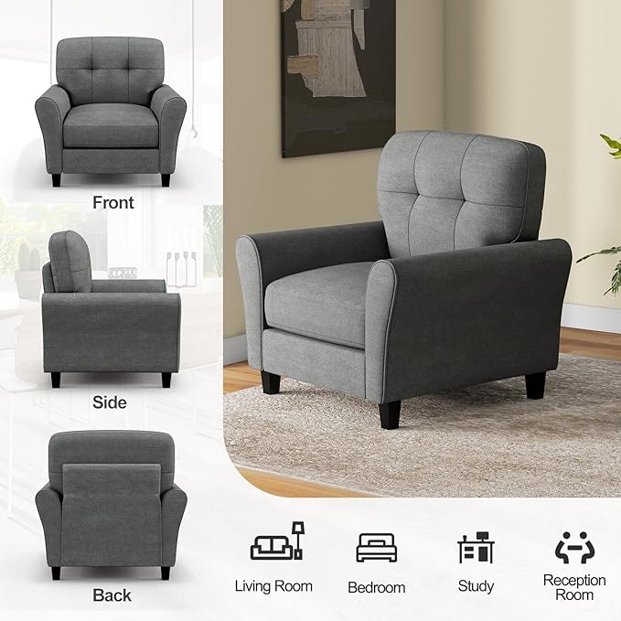 Giantex Modern Mid-Century Accent Chair Set of 2 - Linen Living Room Chair with Tufted Back, 7" Thick Cushion, Max Load 400 lbs, Upholstered Armchair, Club Chair for Bedroom, Grey