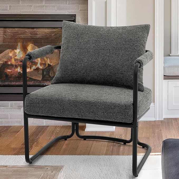 Mid-Century Modern Accent Chair, Comfy Upholstered Lounge Arm Chair with Chenille Fabric for Living Room, Bedroom, Apartment, Reading Corner, Office, Dark Grey