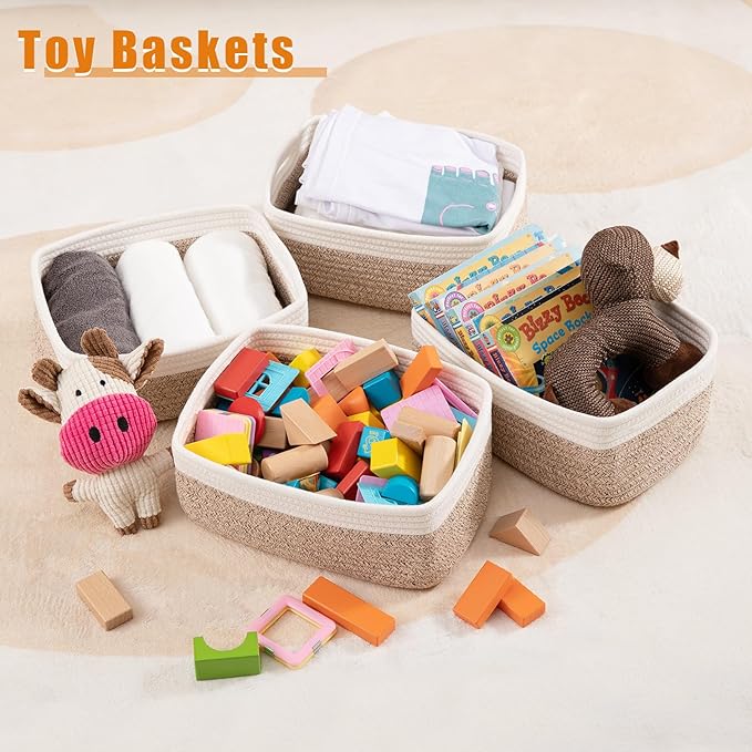 OIAHOMY 4 Pack Storage Baskets for Organizing, Small Bins for Shelves, Cute Decorative Storage Bins, Organizer Baskets for Gifts Empty, 13.8''Lx9.8''Wx5.5''H, Brown/White