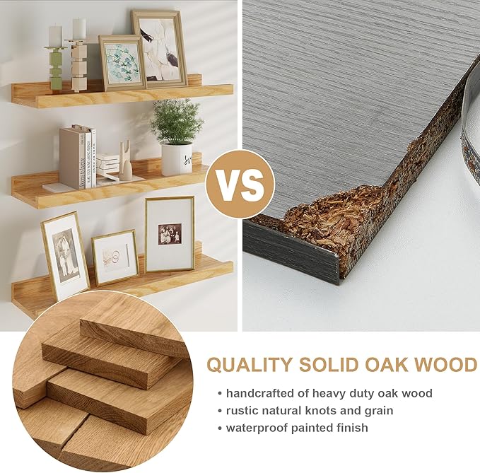 Floating Picture Ledge Shelves 72 Inch Solid Oak Wood Set of 2, Rustic Wall Storage Shelves with Lip, Kids Bookshelf, Photo & Picture Ledge Shelves for Bedroom, Living Room, Kitchen