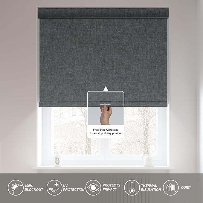 Boolegon Blackout Roller Shades for Windows,Cordless,Linen Fabric,Roller Blinds,Thermal Insulated Fabric UV Protection,Window Shades for Home,Office,Bedroom,Door,Blackout-Gray,Custom Size