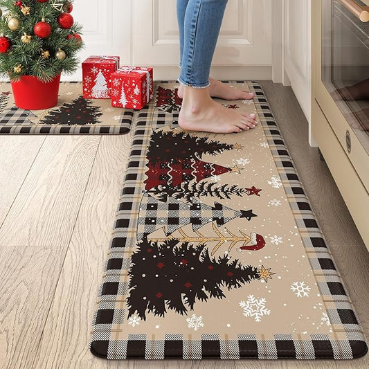 Merry Christmas Xmas Tree Kitchen Mats for Floor, Cushioned Anti Fatigue Kitchen Mat Sets of 2 Waterproof Sink Rugs, Buffalo Plaid Non Skid Comfort Standing Rug for Desk Home Decor, Tan/Black