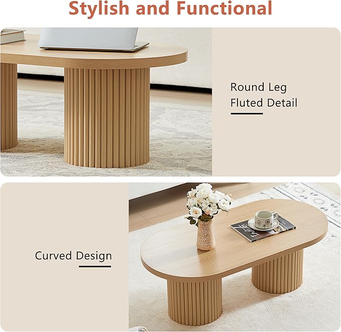 AVZEAR Fluted Oval Coffee Table for Living Room, Boho Modern Coffee Table with Fluted Legs, Curved Round Wood Center Table for Home, Small Spaces, Office, Natural Color(39.38" x 19.69" x 13.78")