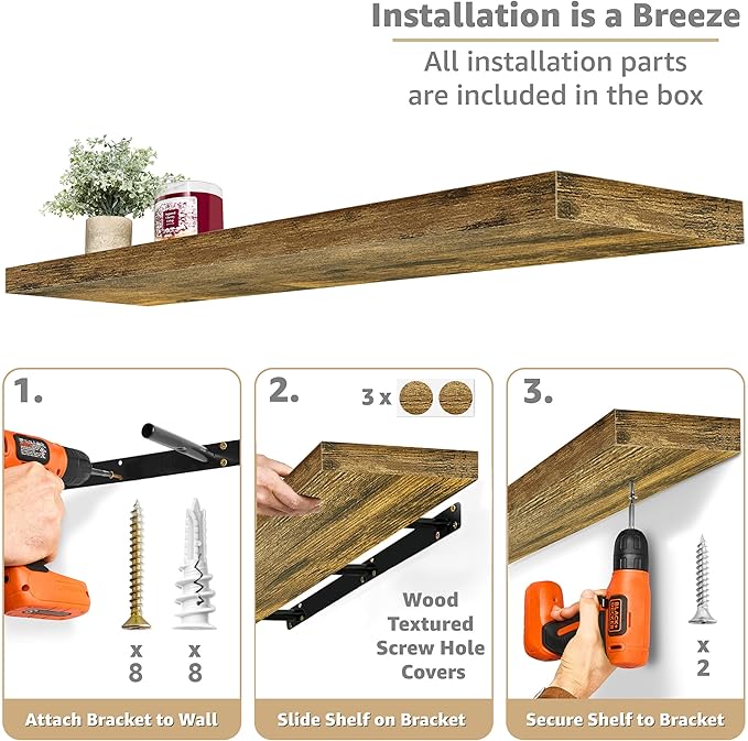 Sorbus Floating Shelves for Wall - 48 Inch Long Bathroom Shelves, Wall Decor for Bedroom, Kitchen, Living Room & Book Storage - Mounted Floating Shelf with Invisible Brackets (Rustic Brown, 3 Pack)