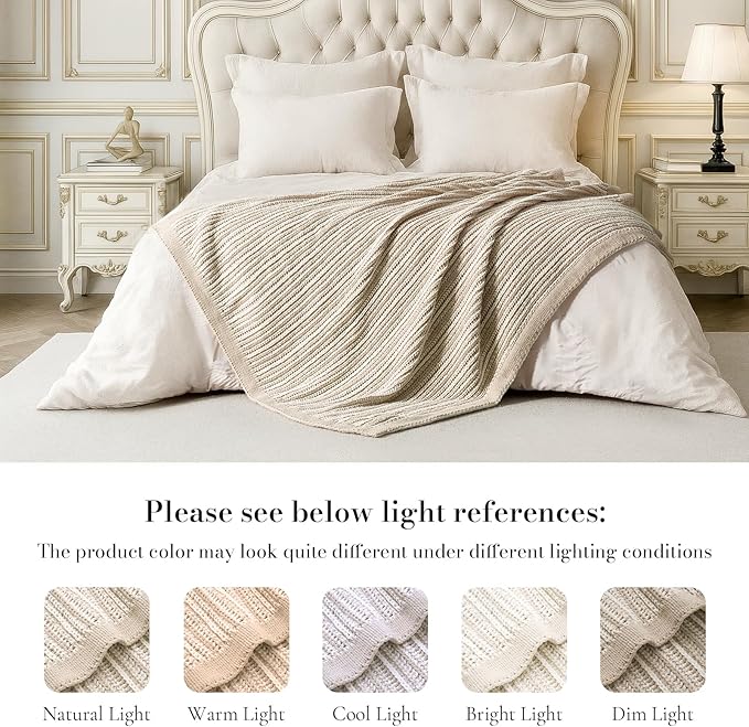 Amélie Home Striped Knit Throw Blanket for Couch, Dual-Sided Soft Chenille Decorative Blankets for Sofa & Chair, 50"x60", Khaki & White