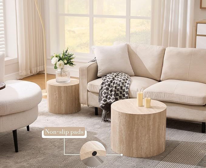 CIMOTA Round Wood Nesting Coffee Table Set of 2, Modern Circle Travertine End Side Table Sets for Living Room, Light Wooden Color/No Assembling