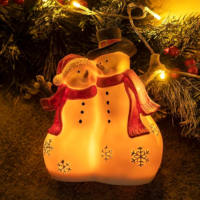 Christmas Decor Snowman Figurines Resin Lighted Indoor Ornaments Holiday Tree Festive Decorations Light Up New Year Gift Decoration for Table (Snowman Couple)