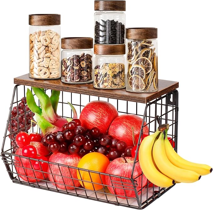 Livabber Fruit Basket for Kitchen, Metal Fruit Vegetable Storage Bin with 2 Banana Hangers, Countertop Wire Basket Organizer for Snack Potato Onion, Screw Mounted or Stand (Black, 1 Pack)