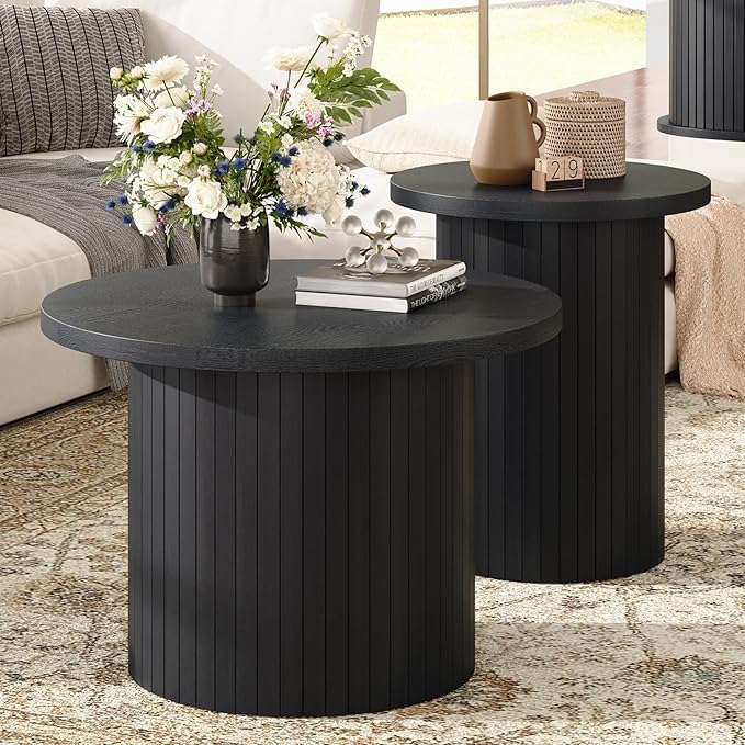 Nesting Coffee Table Set of 2, Mid Century Modern Round Coffee Table, Wood Slat Side Table Set for Living Room, Office, Balcony, Textured Black