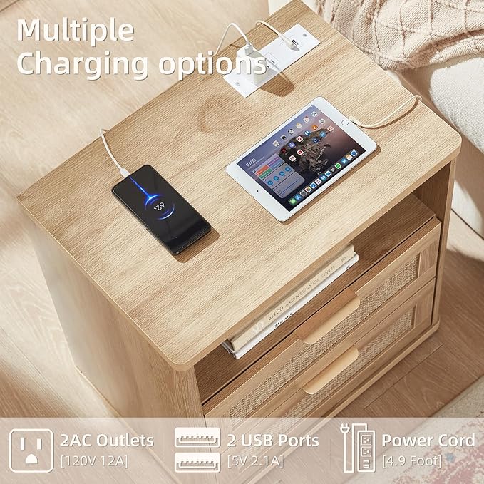 LEYAOYAO Rattan Nightstands Set of 2 with Charger Station, 23" Wide Boho Night Stand with 2 Drawers, Natural Wood Bedside Table Open Shlef, Bed Side End Table Dresser for Bedroom, Living Room Hallway