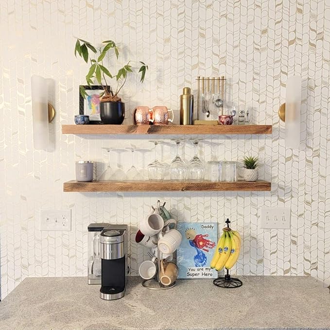 URBANDI, Rustic Floating Shelves, Set of 2, Hidden Bracket, Solid Wood, Heavy Duty, Wall Mounted Shelves, (Brown, 12Wx12D)