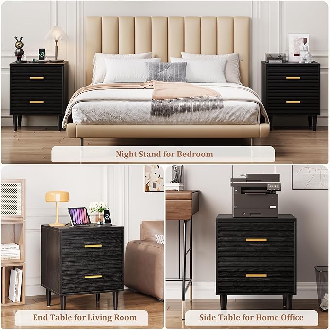 Alohappy Night Stand with Charging Station Set of 2, Bedside Table with 2 Drawers, Mid Century Modern End Table, Bed Side Table with USB Ports and Outlets, Nightstand for Bedroom, Black 2pcs