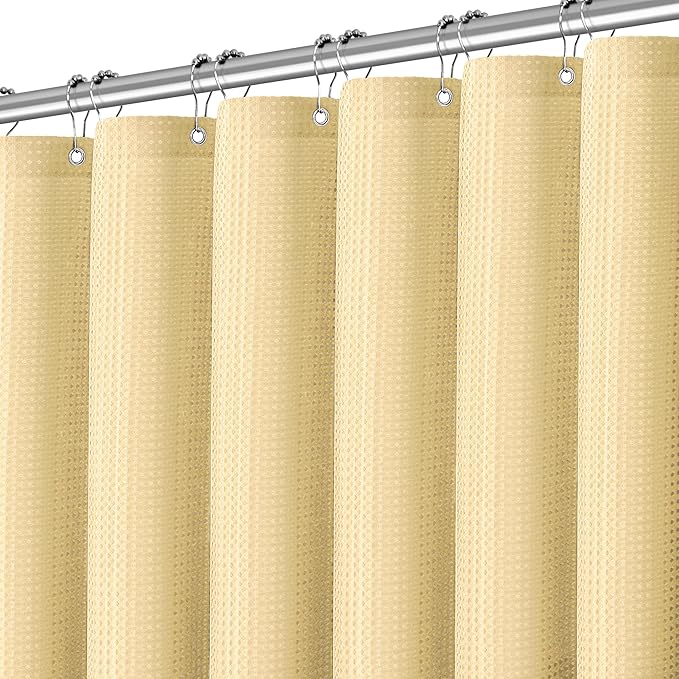 Extra Long Shower Curtains 96 inch Beige Waffle Shower Curtain for Bathroom, Heavy Duty 256GSM Modern Shower Curtain, Machine Washable,Water Resistant with 12 Metal Hooks, 72Wx96H