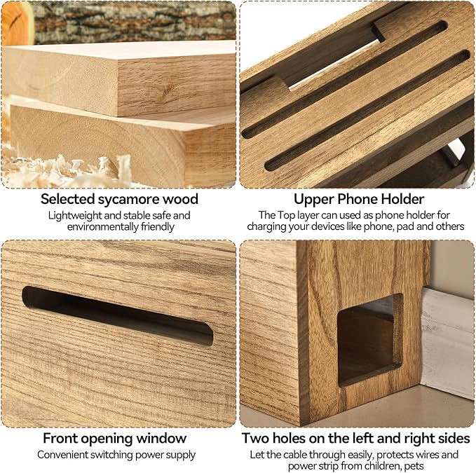 KIRIGEN WiFi Router Storage Box, Wooden Wireless Router Organizer Rack Shelf Power Cord Socket Storage Shelf Cable Management and Organizing Box for Office and Home Dark Brown LYQ-DBR