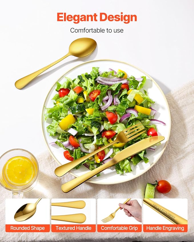 VEVOR 60-Piece Gold Silverware Set, Food-Grade Stainless Steel Flatware Utensils for 12, Mirror Finished Cutlery Set, Dishwasher Safe Eating Tableware for Kitchen Home, Include Knife Fork Spoon