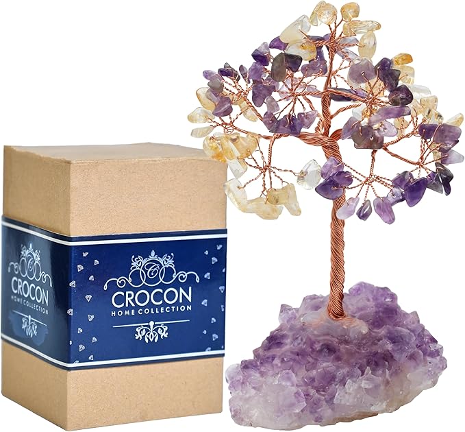 Amethyst & Citrine Crystal Tree with Cluster Base Tree of Life Decor for Shelf, Bedroom, Birthday Gifts for Women, Sister Gift, Birthday Gifts for Mom, Cute Home Office Decor Housewarming Present