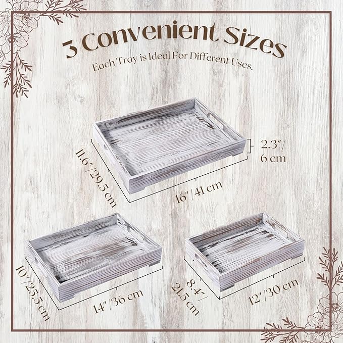 Flexzion Rustic Wooden Serving Tray with Handle - 3-Piece Set of Wooden Trays for Ottomans, Torched Whitewash Nesting Trays for Eating, Decoration, Coffee, Stackable Rectangular Breakfast Trays