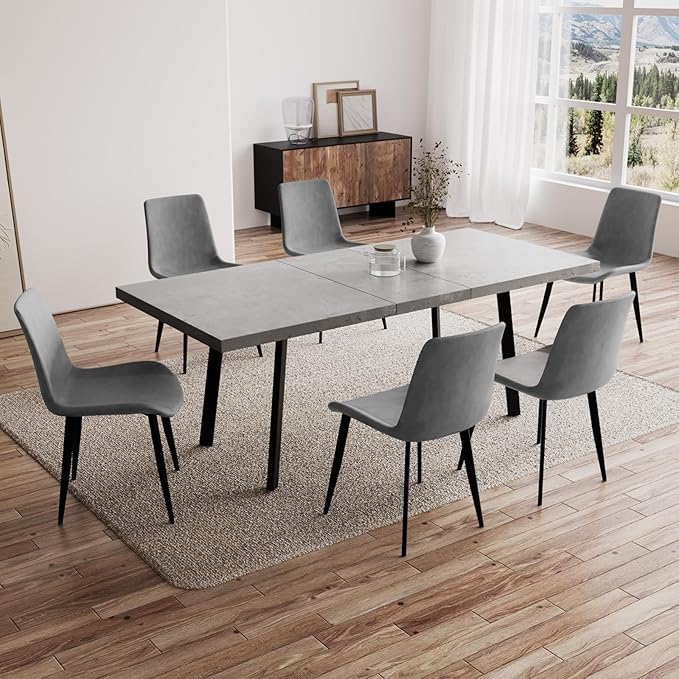 47.2"- 62.9" Extendable Dining Table Set for 6, Modern Kitchen Table with 6 Dining Chairs for 4-6 Person, Thickened Expandable Wooden Table with Steel Legs for Dining Room, Kitchen