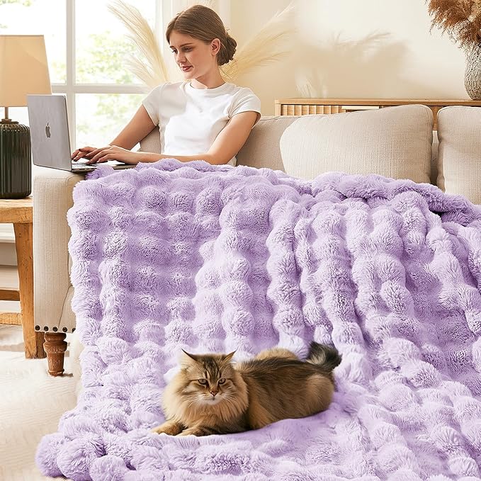 L'AGRATY Faux Fur Throw Blanket: 60" x 80" Luxury Soft Fluffy Rabbit Fur Blankets Twin for Couch Bed Sofa - Cozy Plush Bubble Blankets for Winter: Flannel Fleece Decorative Blanket(Purple)