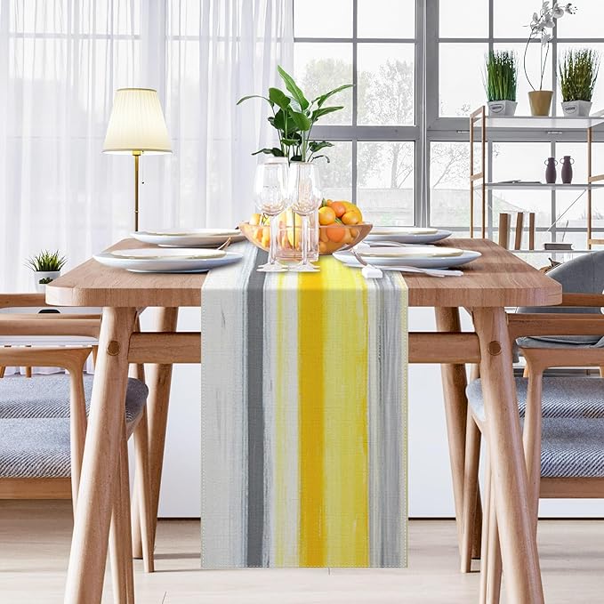 Emvency Yellow Abstract Table Runner, Modern Grey White Striped Dining Decor for Kitchen Coffee Table Family Dinners Holiday Parties Wedding Events Decor(13x72 inch)