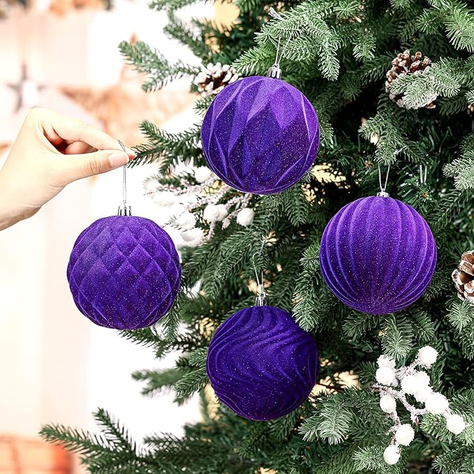 4 Pcs 4 Inch Large Velvet Christmas Ball Ornaments Vintage Christmas Plastic Ball Ornaments Flocked Tree Hanging Decoration for Xmas Party Wedding Home Decor (Purple)