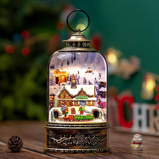 10.3" Christmas Snow Globe Water Lantern with Train Station Scene Battery Operated or USB Powered Musical Lighted Holiday Decoration for Tabletop Display for Family and Friends