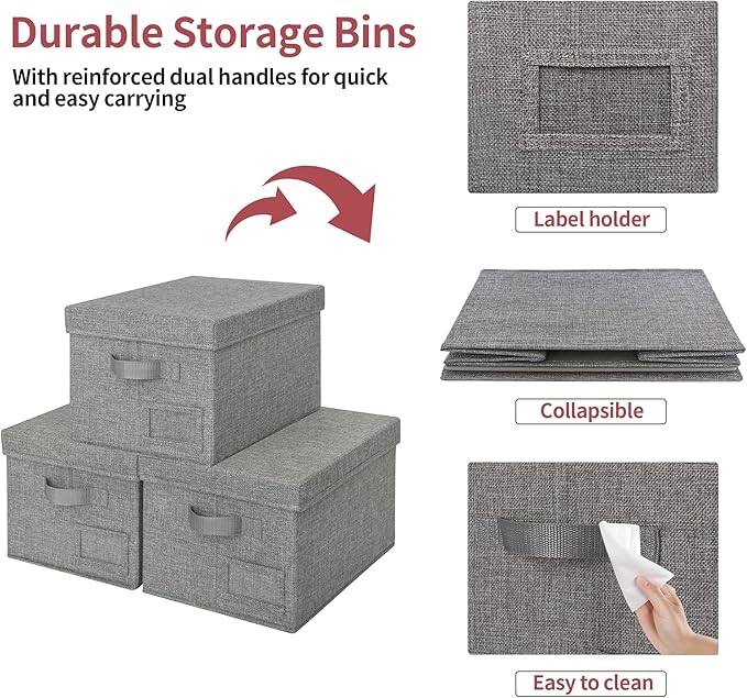 GRANNY SAYS Fabric Bins with Lids, Storage Baskets for Closet Organization, Decorative Storage Containers with Label Holder, Shelf Bins for Organizing Clothes, Dark Gray, 3-Pack