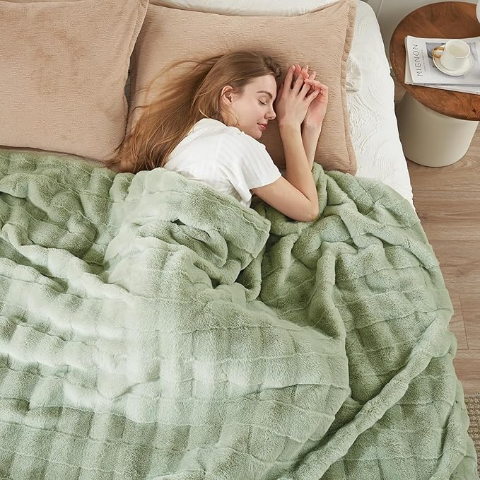 Cozy Bliss Fluffy Faux Fur Blanket King Size for Bed, Fuzzy Soft Striped Plush Blanket, Thick Throw for Bedroom Couch Gift, 108x90 Inches Sage Green