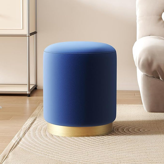 DAGONHIL Modern Round Velvet Ottoman,Upholstered Make-up Short Stools with Gold Plating Base,Foot Stool for Living Room,Pack of 1,Blue