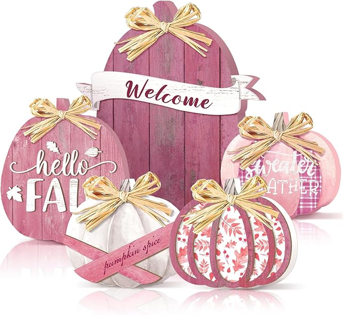5 Pcs Fall Pink Pumpkin Decor for Home Thanksgiving Wooden Table Centerpiece Decorations Fall Wooden Pumpkin Signs for Autumn Farmhouse Home Living Room Kitchen Mantle Tabletop Supplies