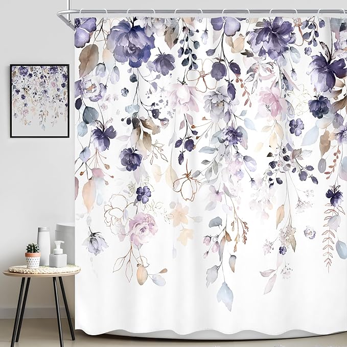 Purple Floral Flower Shower Curtain 72Wx72L Inch Girls Girly Boho Watercolor Wildflower Eucalyptus Leaf Spring Botanical Plant Bathroom Set Rustic Bath Curtain Bathtub Accessories Home Decor