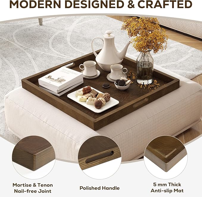 Axeman 22 Inch Large Square Wooden Ottoman Tray for Living Room|Extra Large Serving Tray with Handles for Coffee Table, Breakfast|Decorative Wood Tray for Ottoman Couch Sofa Kitchen|Walnut