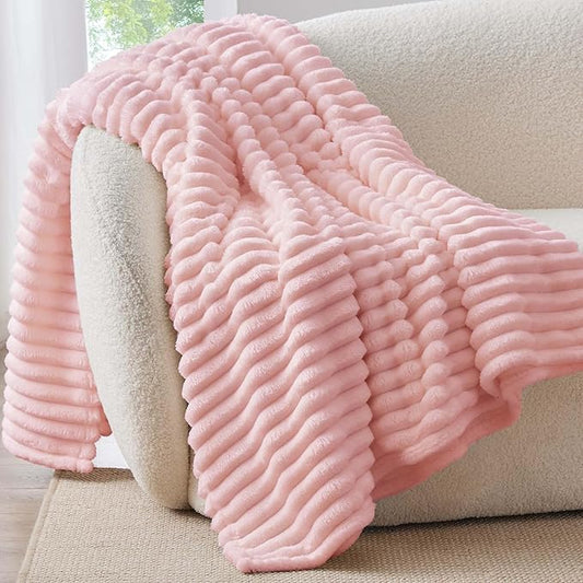 BEDELITE Twin Blanket for Couch & Bed, 300GSM Soft & Warm Fleece Blanket, Decorative and Giftable Striped Pink Blankets for Women, Men, 60"x80"