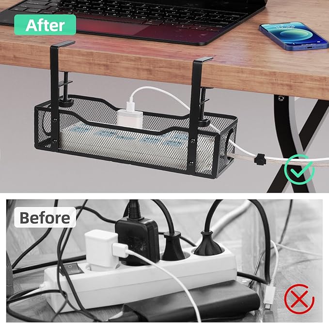 Under Management Tray Kit No Drill, Metal Mesh Cable Management Under Desk Cable Tray with Clamp for Wire Management and Cord Organizer Cable Rack for Home Office Desk (Black)