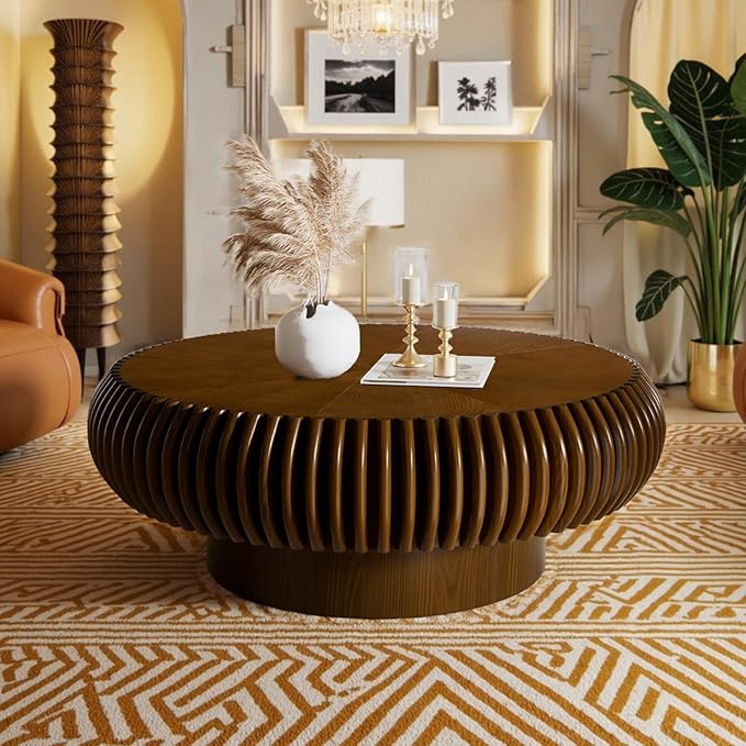 Fluted Drum Coffee Table Round Coffee Table for Living Room Mid Century Modern Coffee Tables with Sturdy Pedestal Circle Center Tea Table Accent Tea Table for Small Space Apartment (31.5" Walnut)