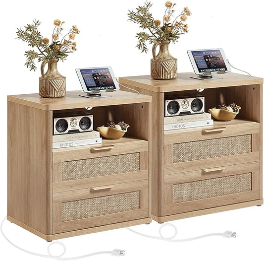 LEYAOYAO Rattan Nightstands Set of 2 with Charger Station, 23" Wide Boho Night Stand with 2 Drawers, Natural Wood Bedside Table Open Shlef, Bed Side End Table Dresser for Bedroom, Living Room Hallway